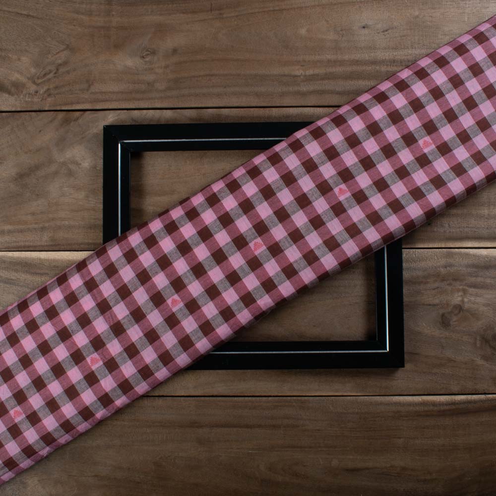 Pink & Chocolate Check Pure Cotton Red Jamdani 55 GSM Handwoven Fabric