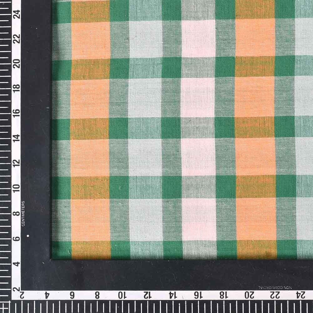CHECK ORANGE GREEN PURE COTTON 95 GSM HANDWOVEN FABRIC