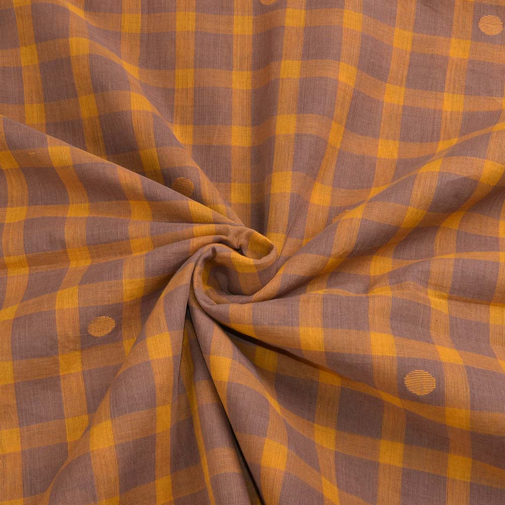 Check Brown Yellow Jamdani Pure Cotton 60 GSM Handwoven Fabric