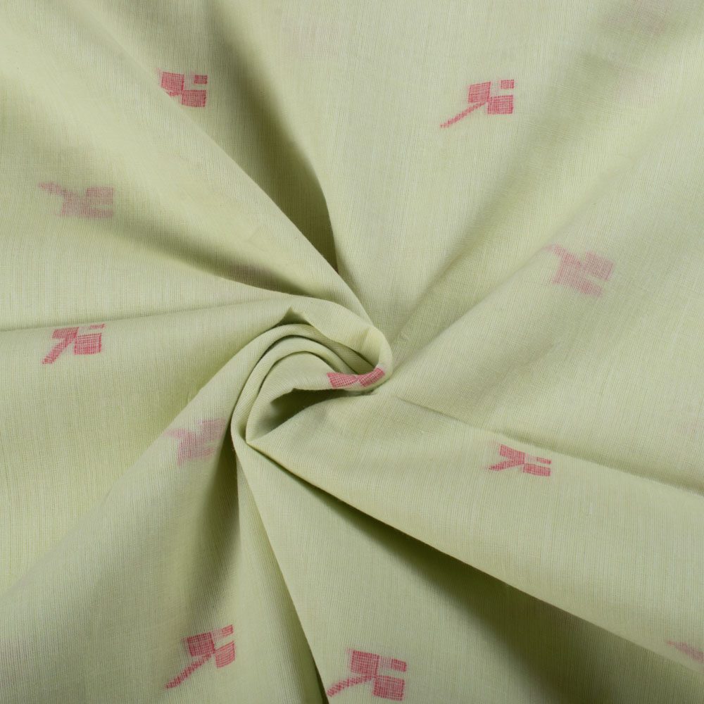 Plain Green Pure Cotton 55 GSM Red Geometric Motif Jamdani Fabric