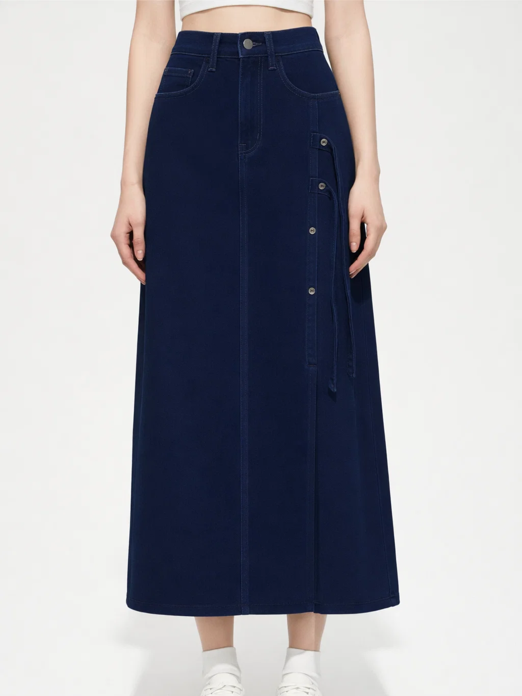 Tie Up Calf Length Skirt With Buttons