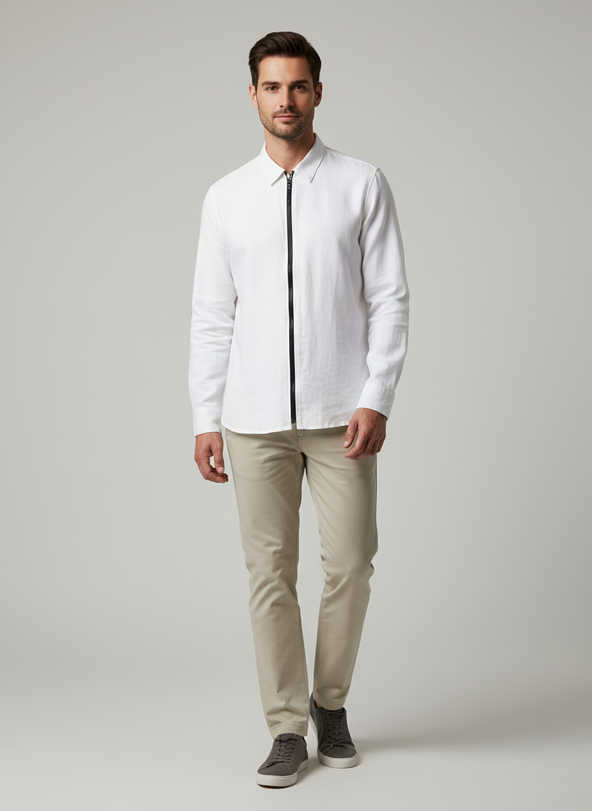Wing Tip Collar Shirt With Center Zipper-  Full Sleeves With Button Rounds