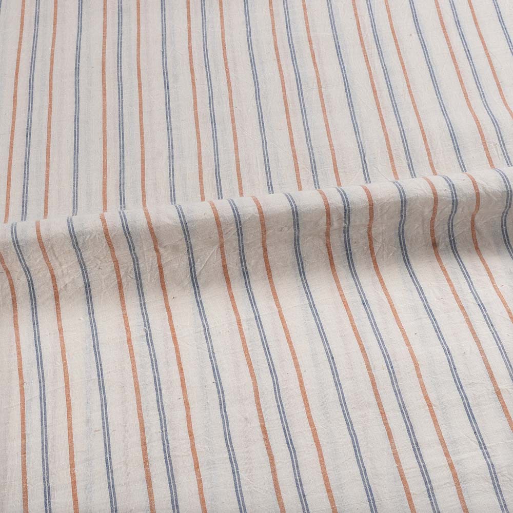 STRIPE BLUE & BROWN KHADI COTTON 75 GSM HANDWOVEN FABRIC