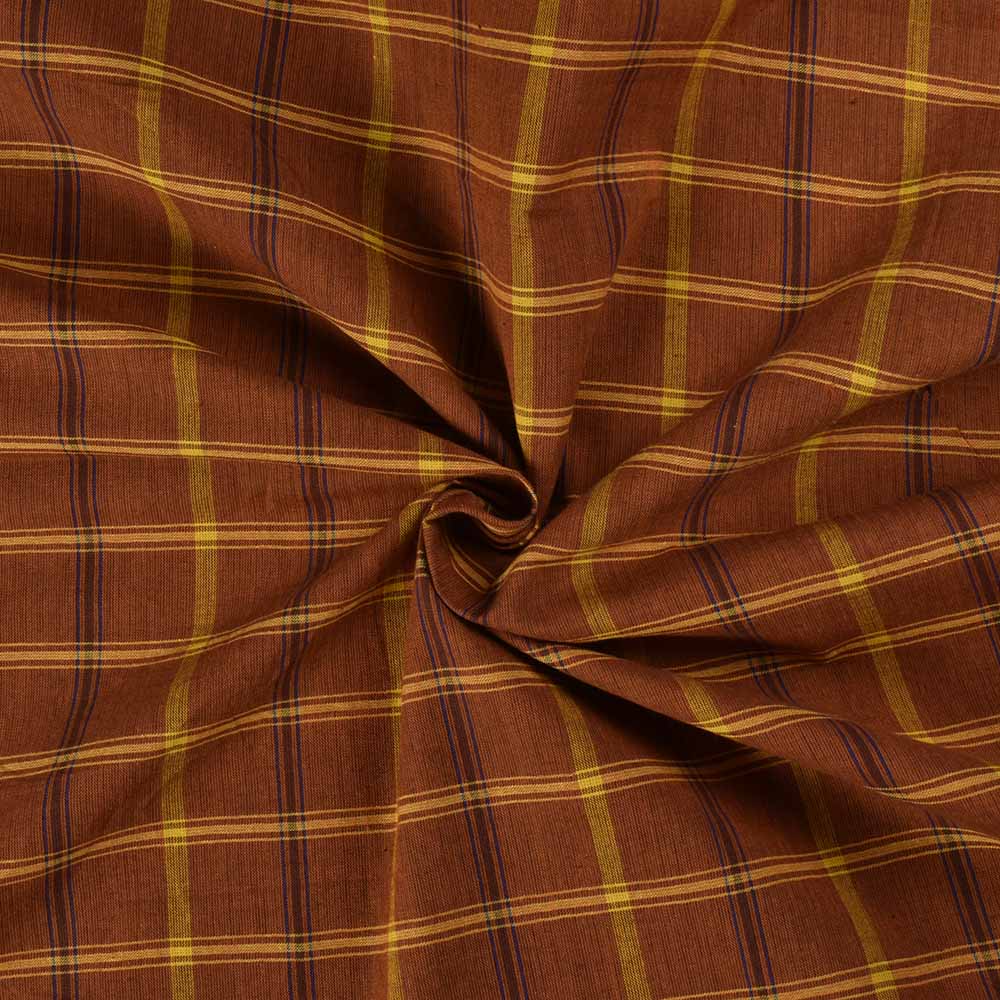Check Brown Yellow Pure Cotton 97 GSM Handwoven Fabric