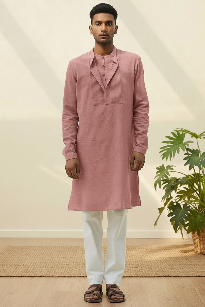 Chambray Pink Khadi Cotton Kurta With Pleated Placket