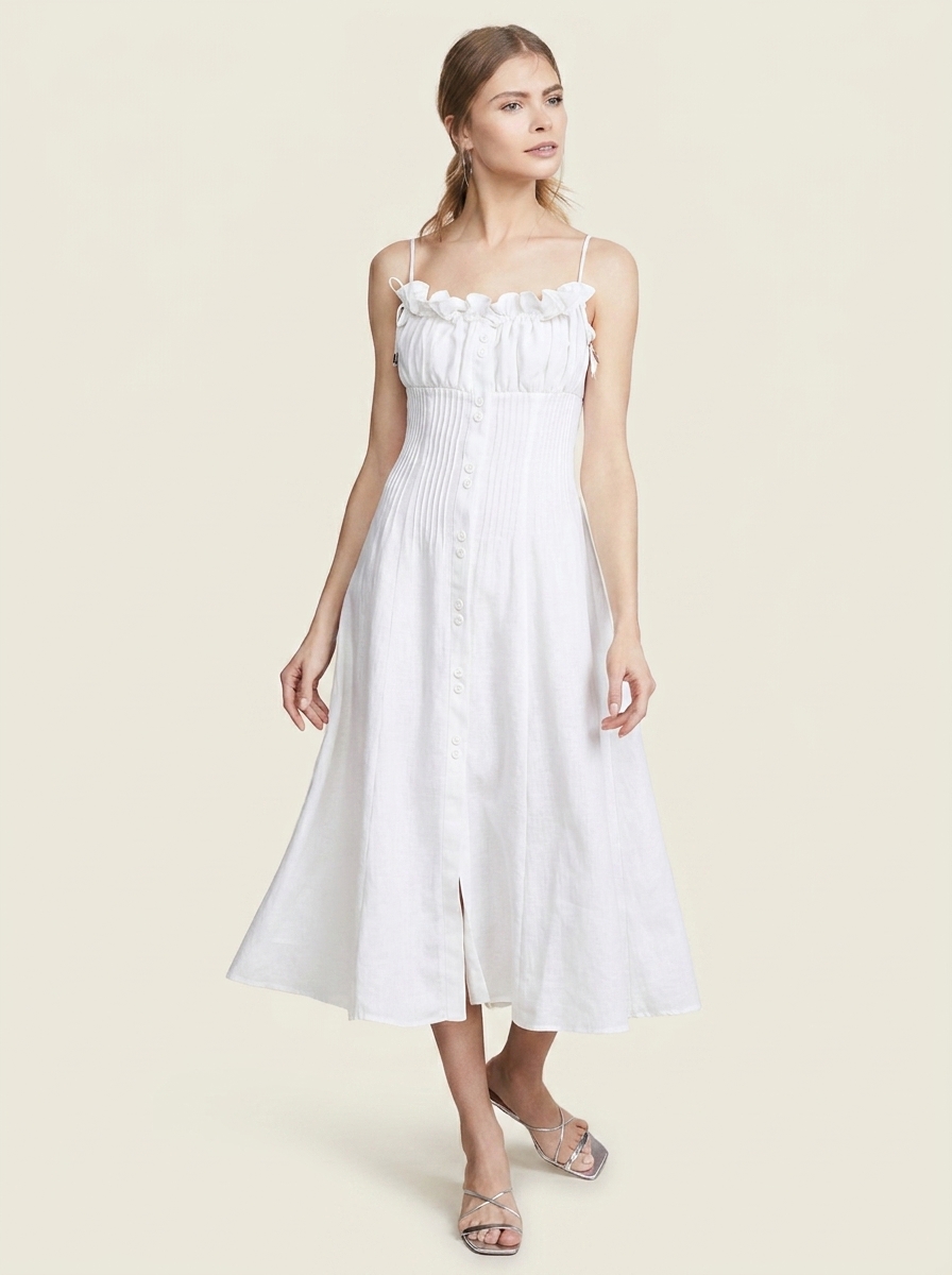 Gathered Bust & Ruffles Buttoned Midi Dress