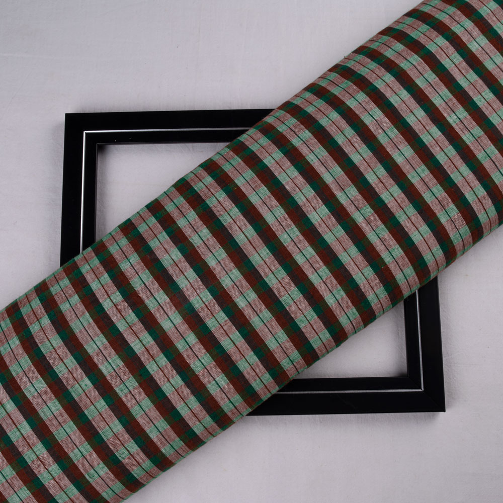 Check Brown & Green Pure Cotton 88 GSM Handwoven Fabric