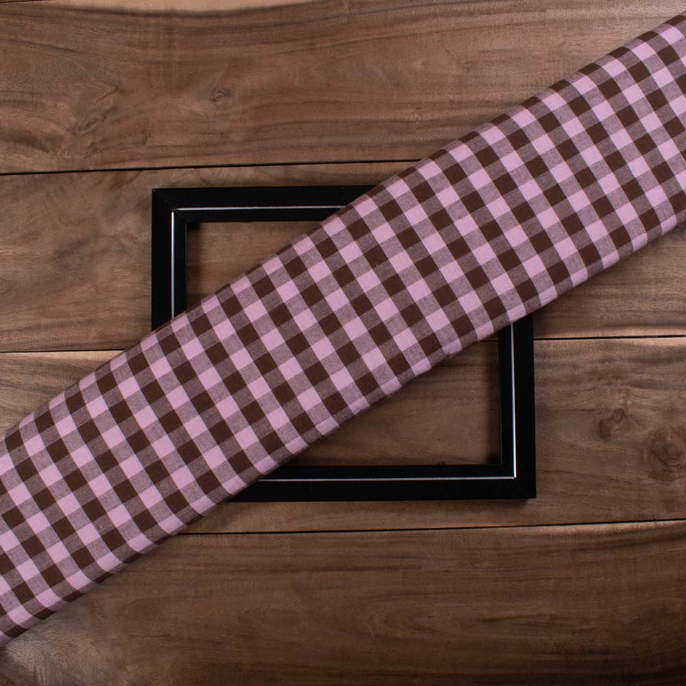 Dark Brown & Baby Pink Check Pure Cotton 100 GSM Handwoven Fabric 793
