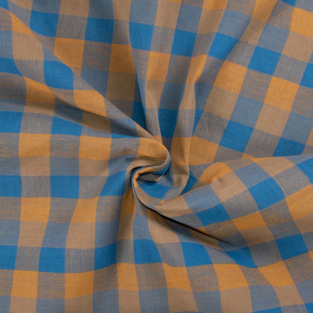 Check Tan and Blue Pure Cotton 95 GSM Handwoven Fabric 680