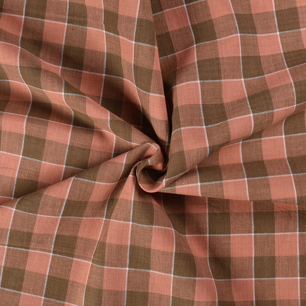 Check Brown Olive Pure Cotton 108 GSM Handwoven Fabric