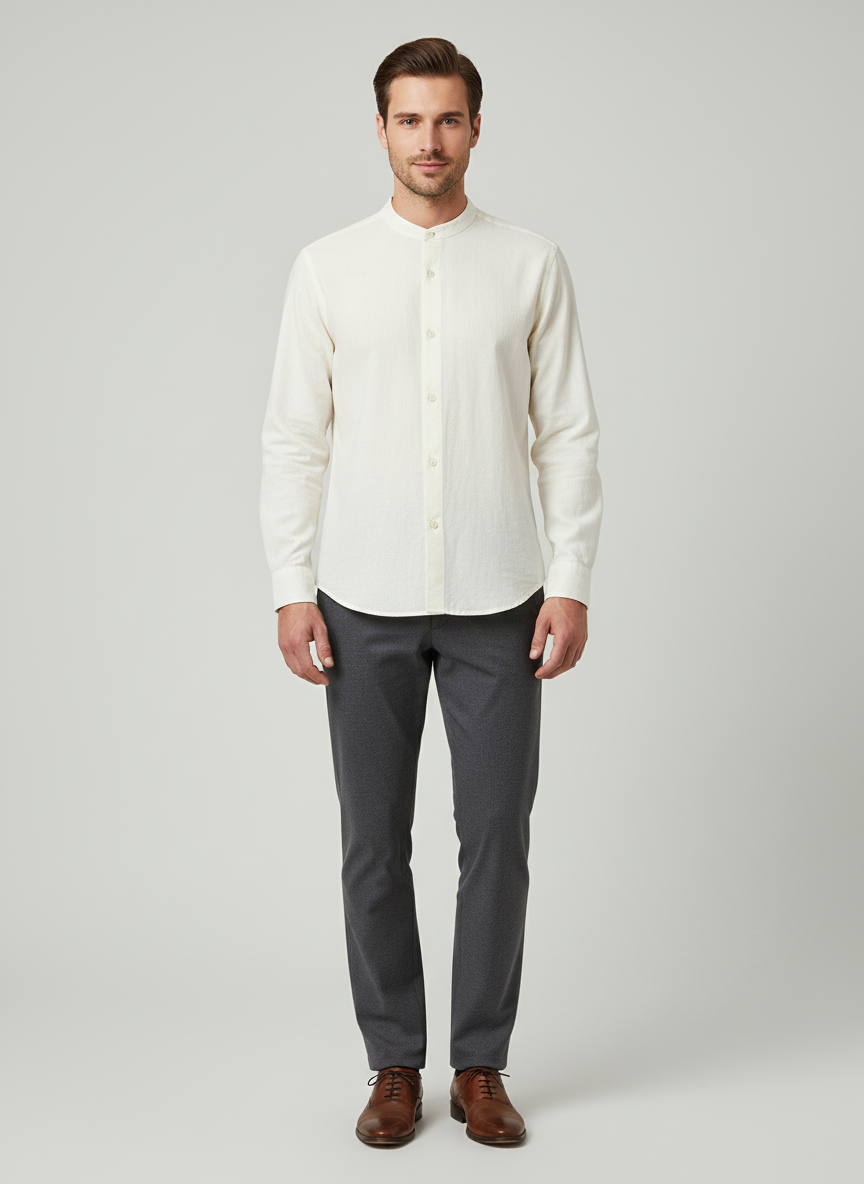 Band Collared Shirt-Center Panel Buttons - High Low Symmentry- Box Pleat Planel In The Back