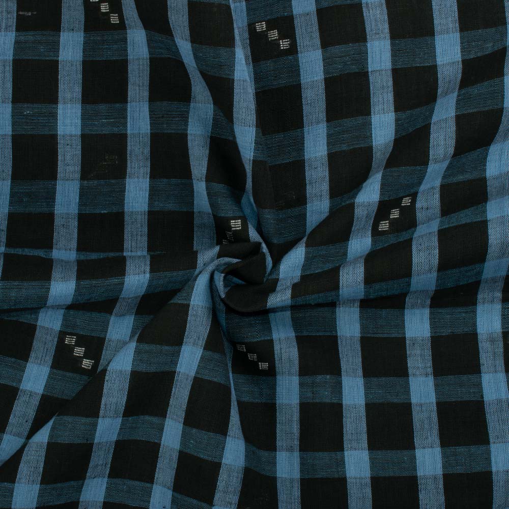 Check Black & Blue Jamdani Pure Cotton 100 GSM Handwoven Fabric