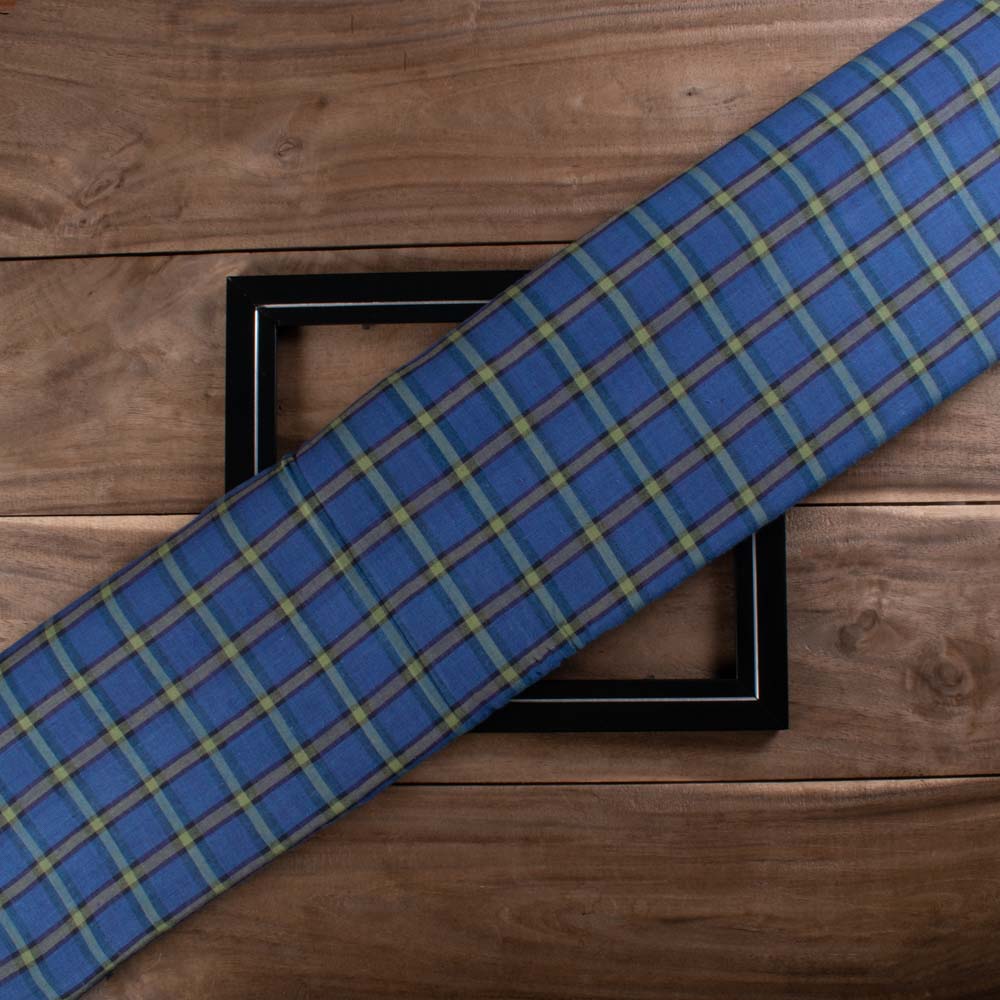 Check Blue and Yellow Pure Cotton 100 GSM Handwoven Fabric