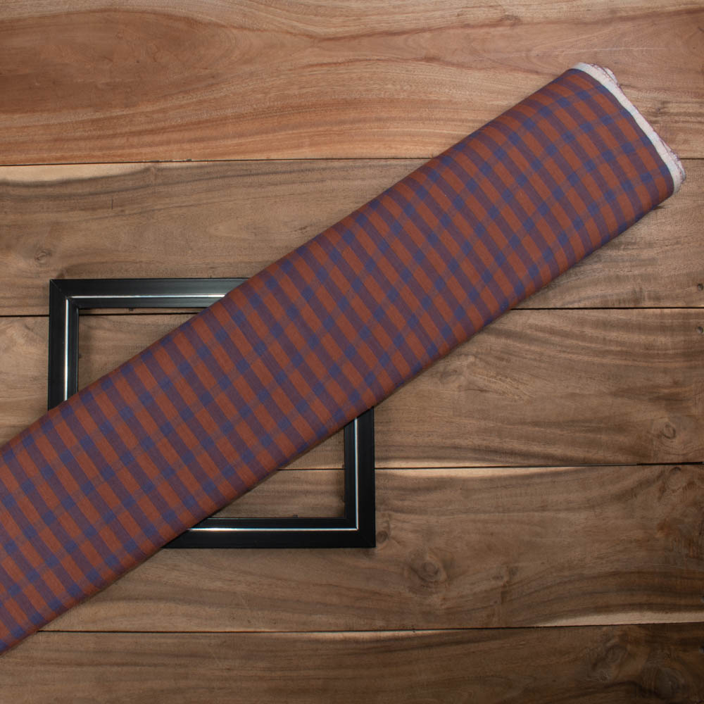 Check Brown Blue Pure Cotton 95 GSM Handwoven Fabric