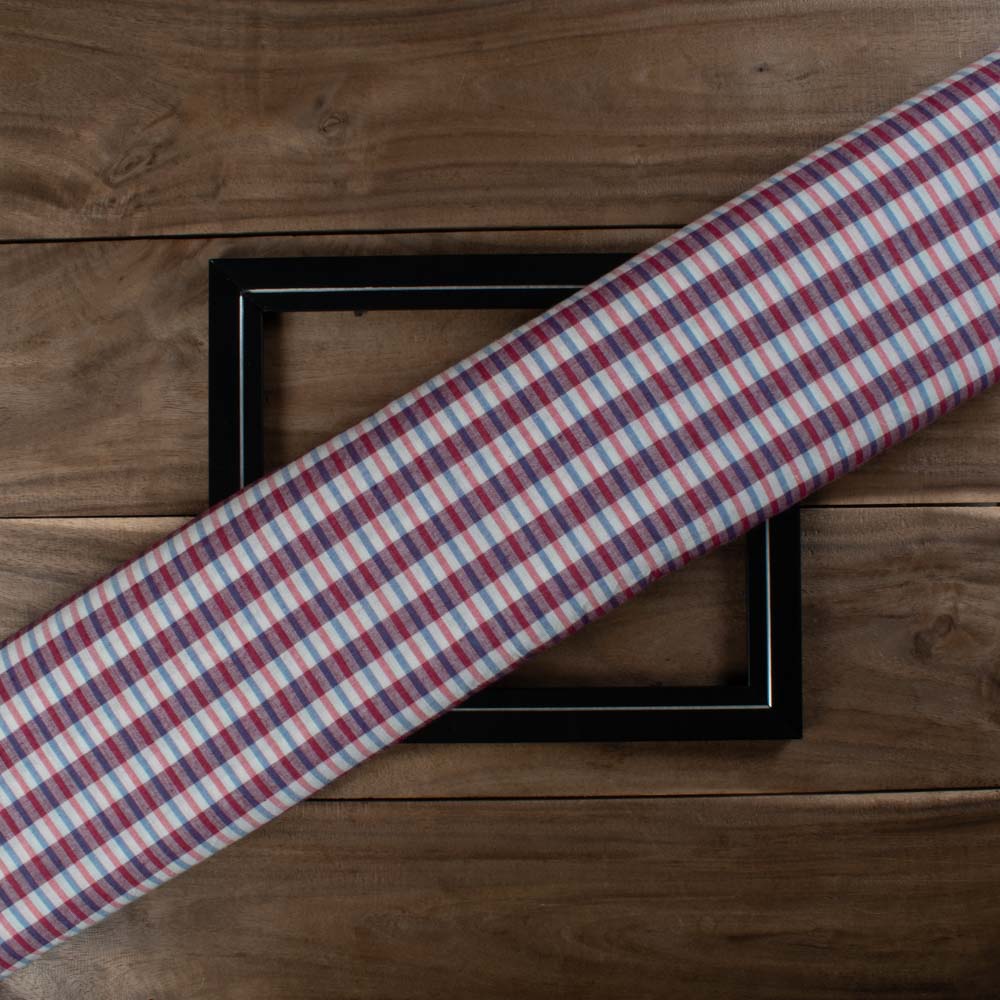Red Blue White Check Pure Cotton 106 GSM Handwoven Fabric