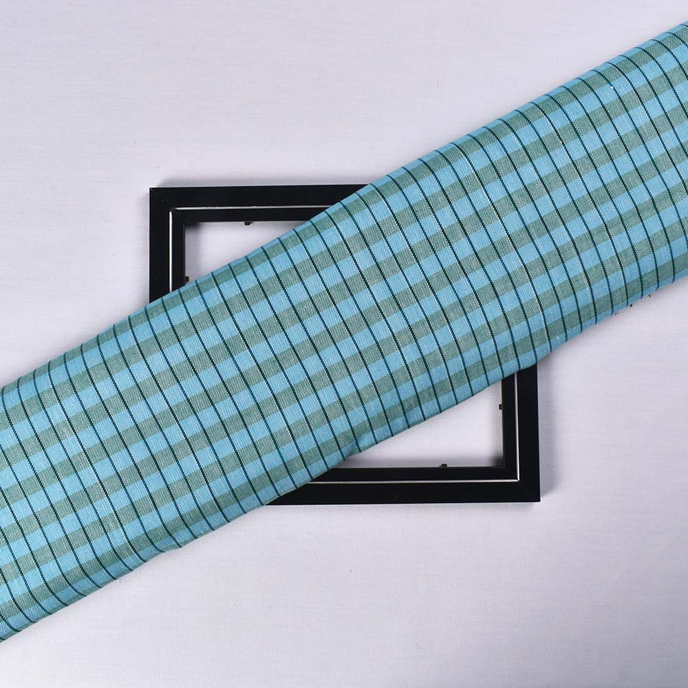 Check Twill Blue Green Pure Cotton 100 GSM Handwoven Fabric