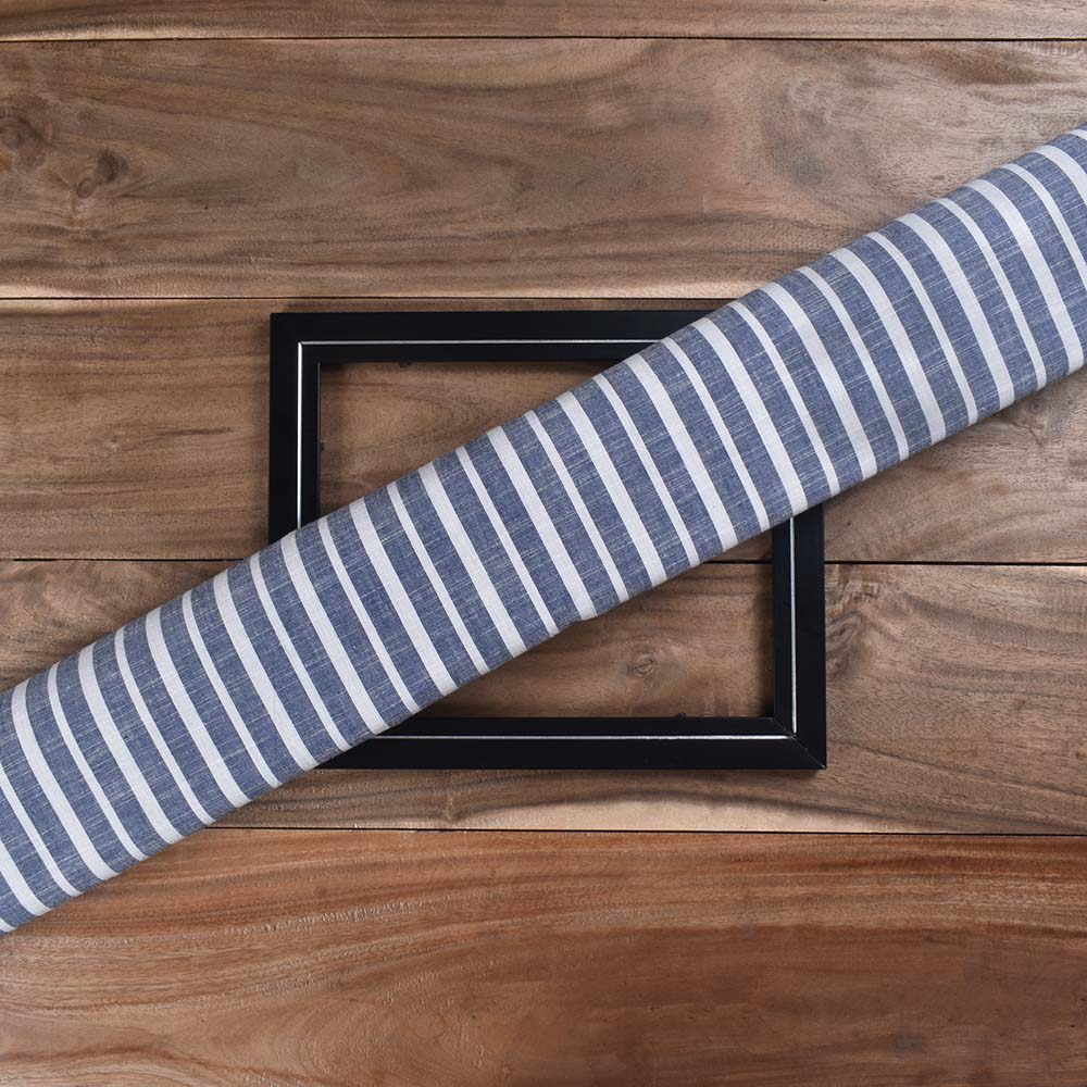 Stripe Blue White Pure Cotton 100 GSM Handwoven Fabric 291