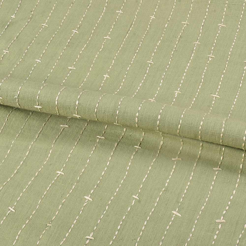 STRIPE GREEN KANTHA EMBROIDERED PURE KHADI 140 GSM HANDWOVEN FABRIC