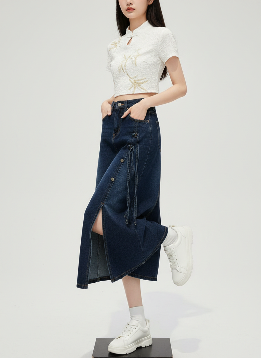 Tie Up Calf Length Skirt With Buttons