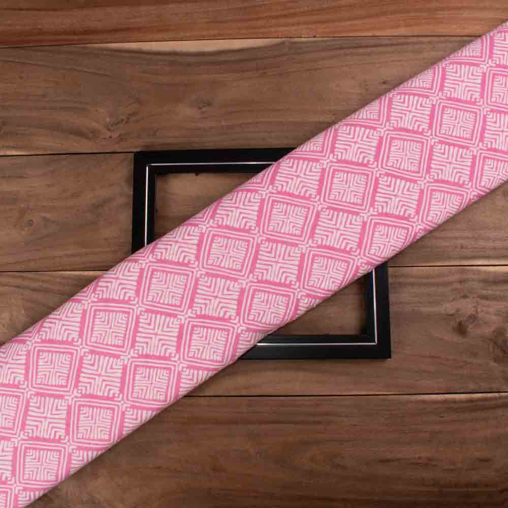 Abstract Pink White Screenprinted Pure Khadi 90 GSM Handwoven Fabric
