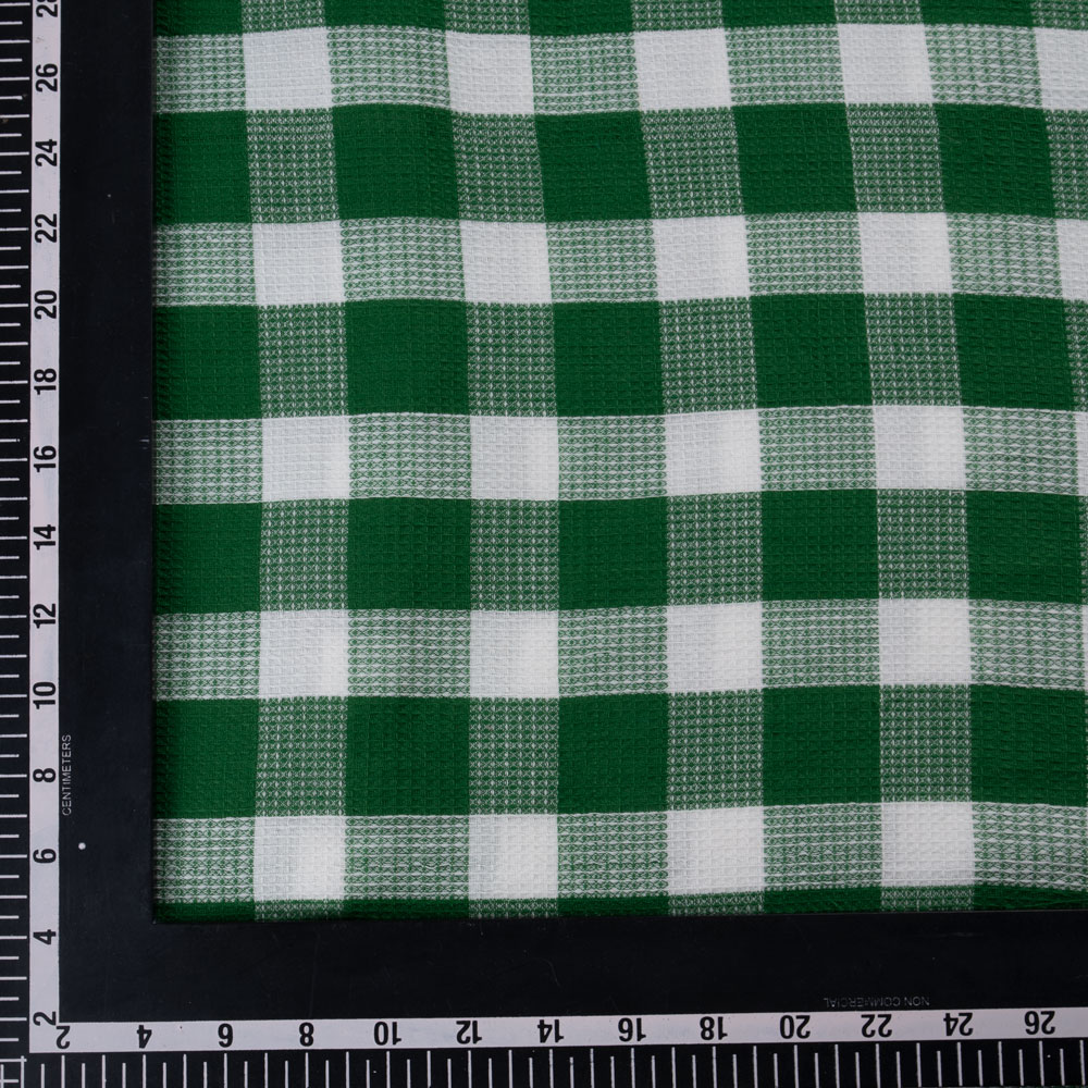 CHECK GREEN & WHITE HONEYCOMB WEAVE PURE COTTON 99 GSM FABRIC