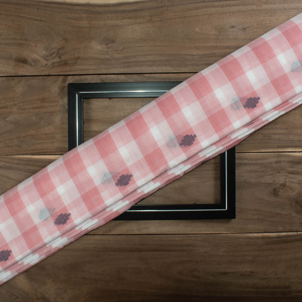 Check White Pink Jamdani Pure Cotton 55 GSM Handwoven Fabric 342