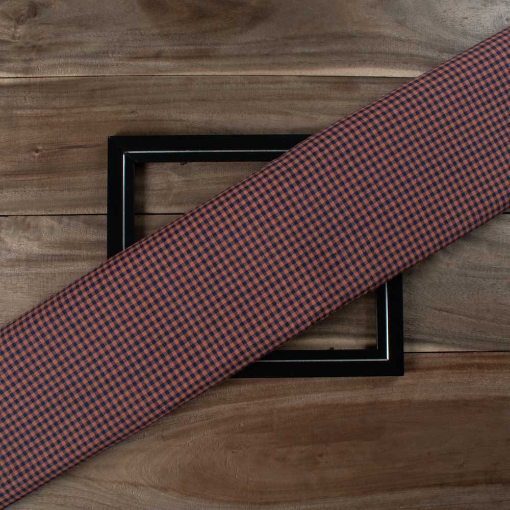 Check Navy Blue & Orange Pure Cotton 100 GSM Handwoven Fabric
