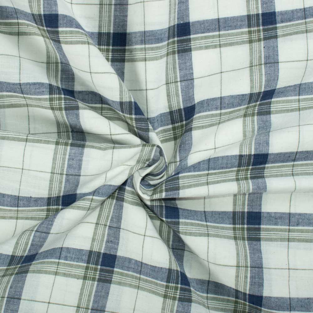 Check White Blue and Olive Cotton Khadi 100 GSM Handwoven Fabric