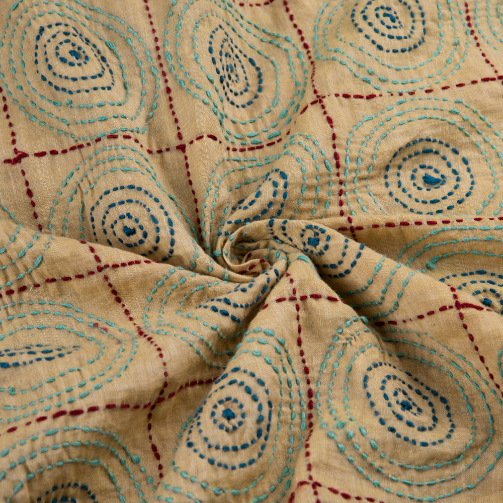 Geometric Yellow Kantha Embroidered Khadi Cotton 100 GSM Handwoven Fabric
