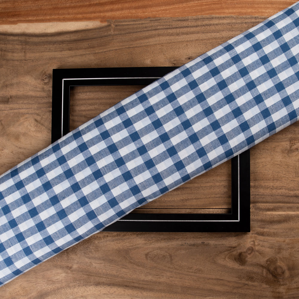 Check White & Blue Khadi Cotton 118 GSM Handwoven Fabric