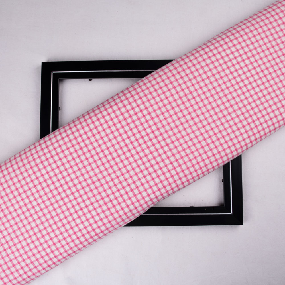 Check Pink White Pure Cotton 110 GSM Handwoven Fabric