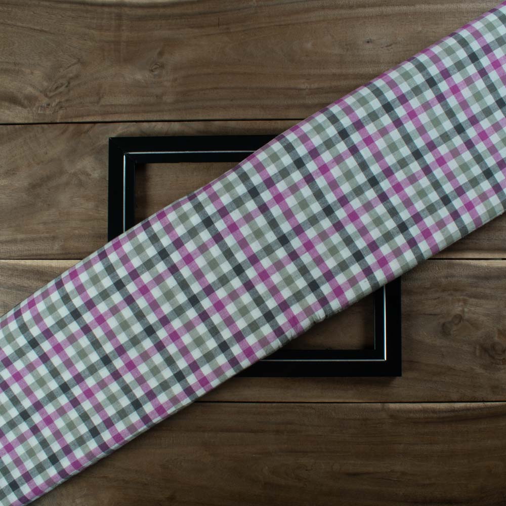 Check Pink Grey White Pure Cotton 100 GSM Handwoven Fabric