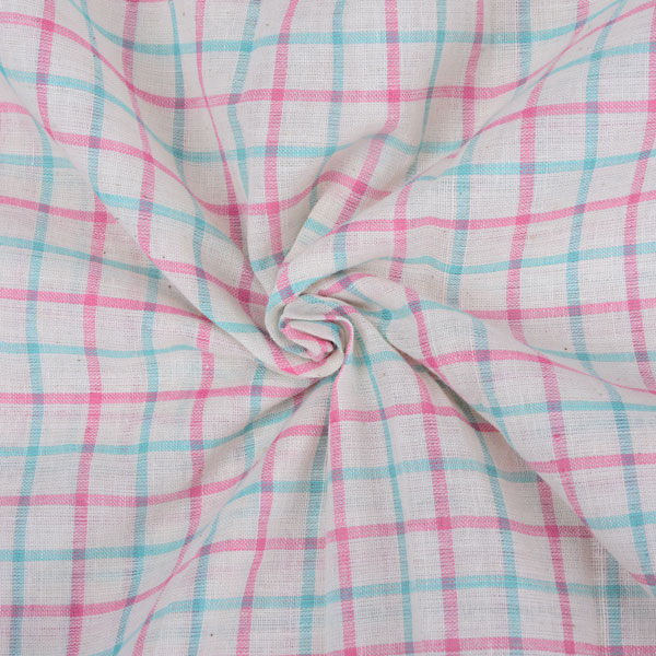Check Blue Pink & White Pure Cotton 72 GSM Handwoven Fabric