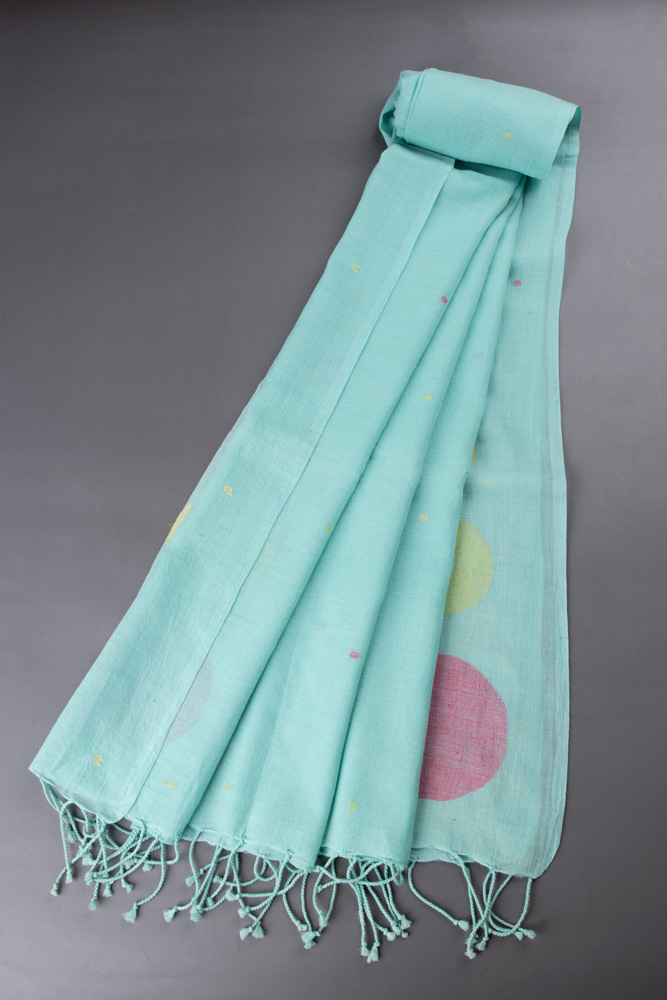 GEOMETRIC TURQUOISE JAMDANI HANDWOVEN PURE COTTON SCARF 20A