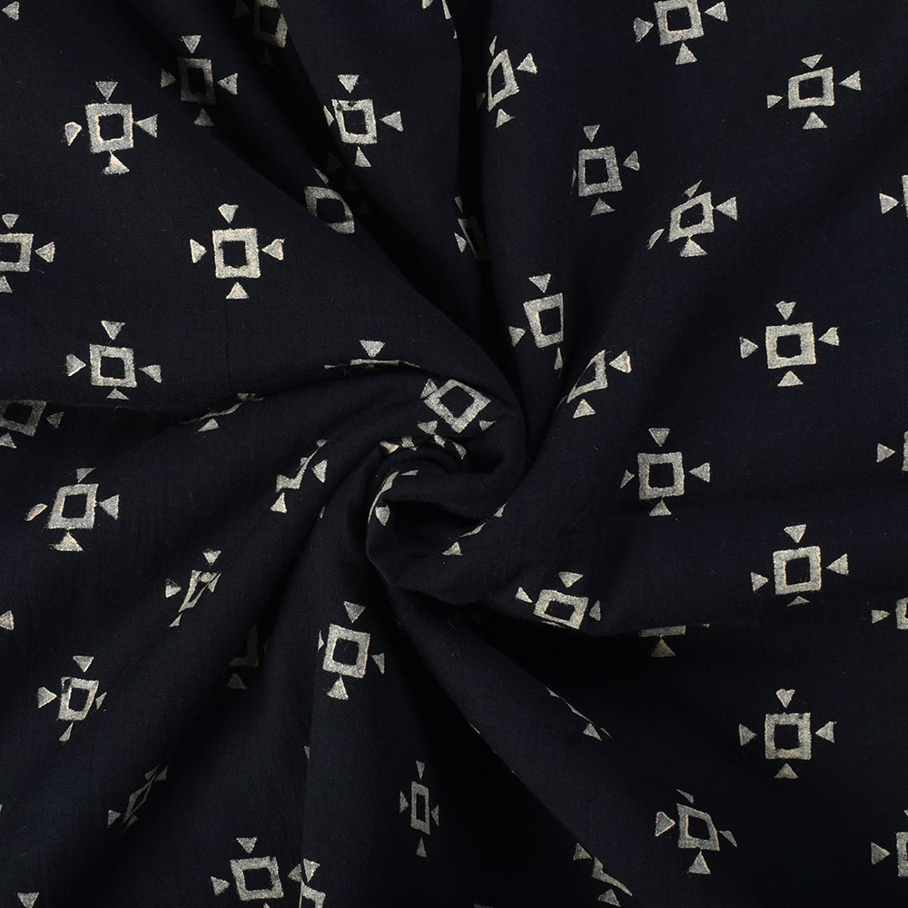 Abstract Black Block Printed Pure Cotton 65 GSM Handwoven Fabric