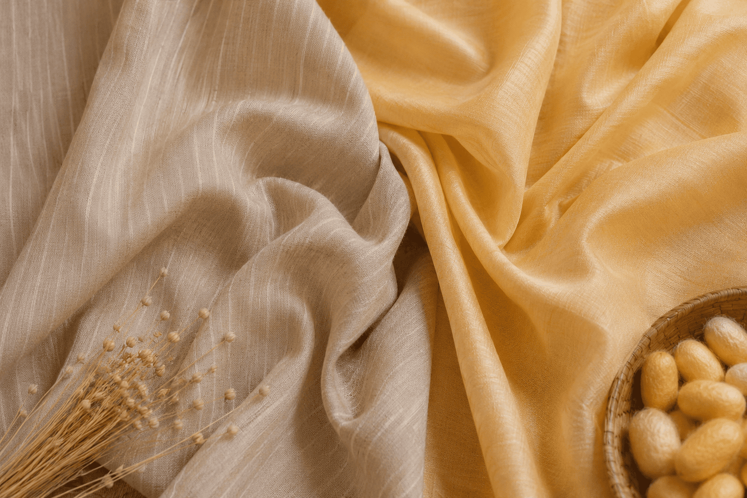 Handwoven Eri Silk and Muga Silk fabrics showcasing their natural texture, soft sheen, and heritage silk craftsmanship.