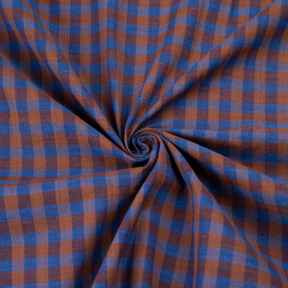 Check Blue & Brown Pure Cotton 98 GSM Handwoven Fabric 199