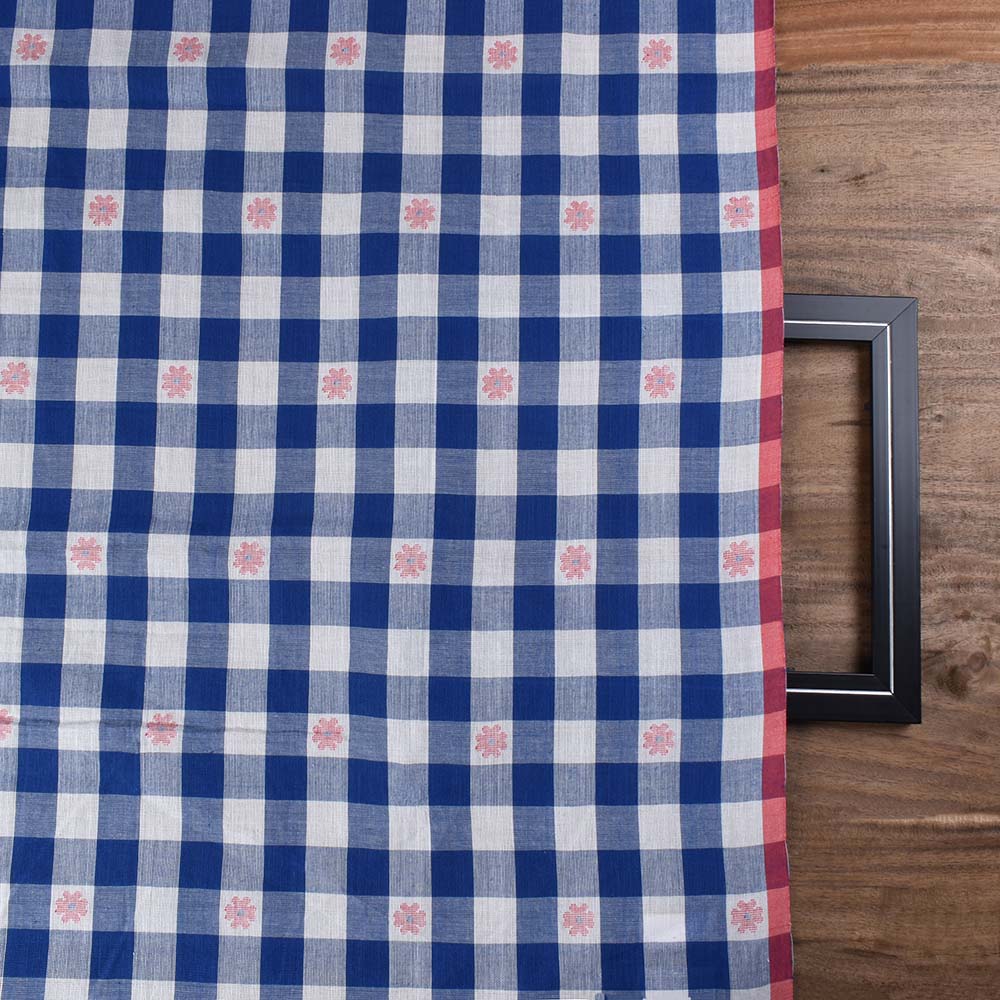 CHECK BLUE WHITE JAMDANI PURE COTTON 105 GSM HANDWOVEN FABRIC