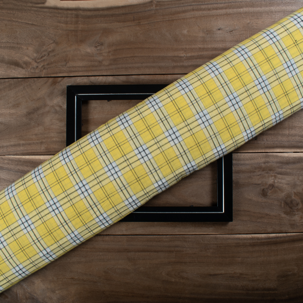 Yellow Base Black & White Check Pure Cotton 85 GSM Handwoven Fabric