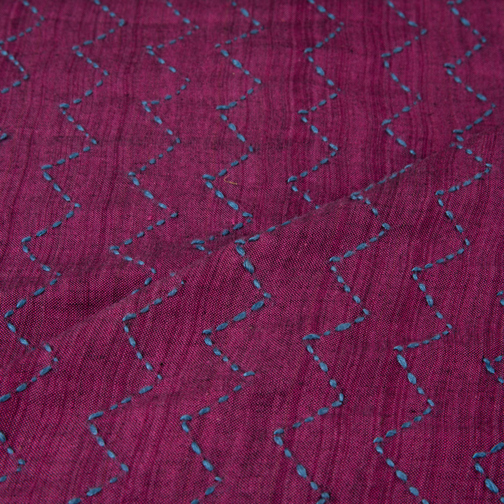 Pure khadi fabric in plum color with Kantha embroidery featuring a zigzag pattern