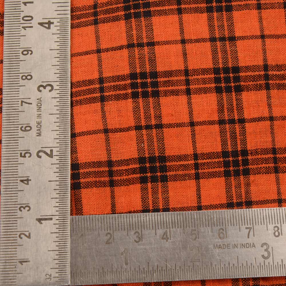 CHECK ORANGE & BLACK PURE COTTON 98 GSM HANDWOVEN FABRIC