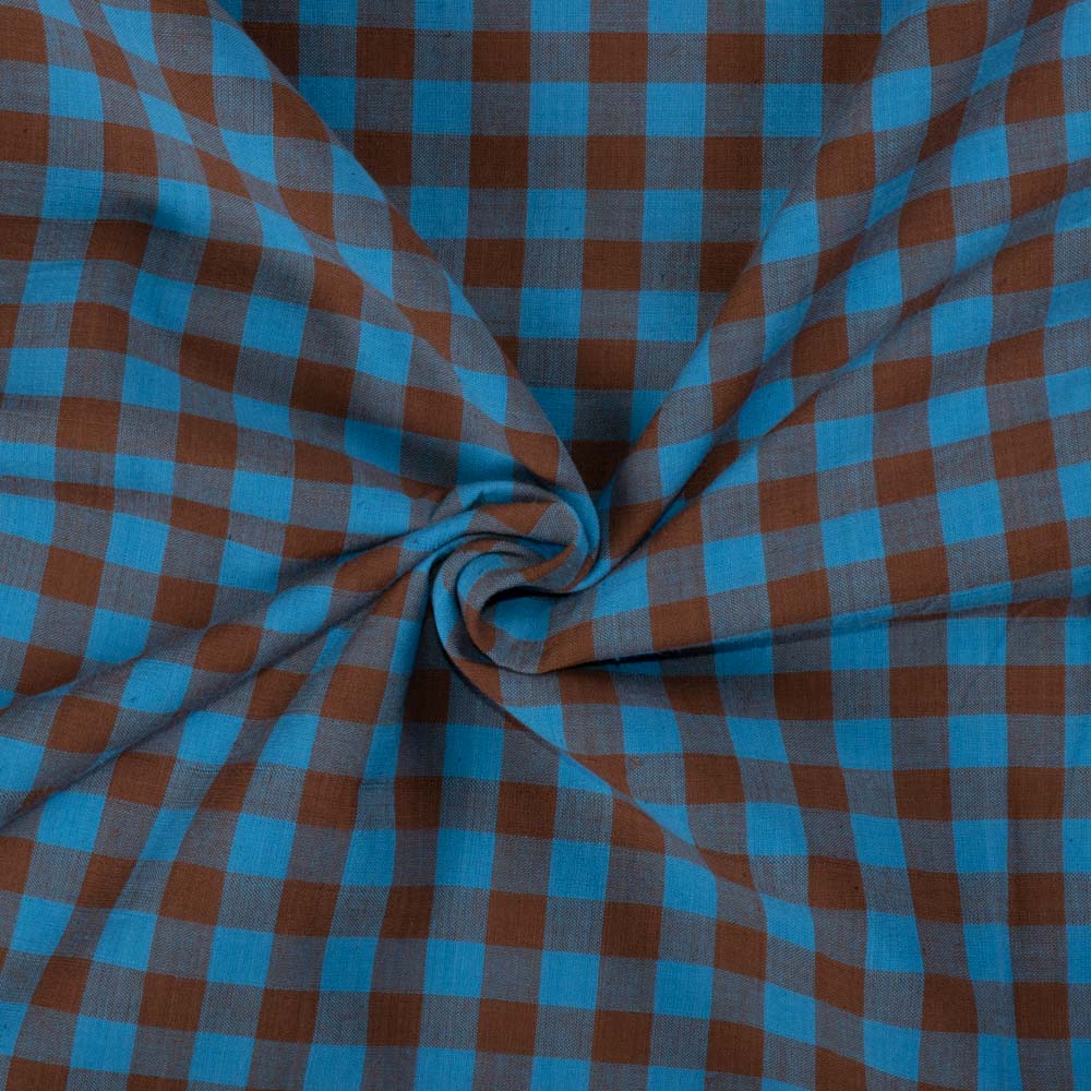 Check Blue & Brown Pure Cotton 110 GSM Handwoven Fabric 