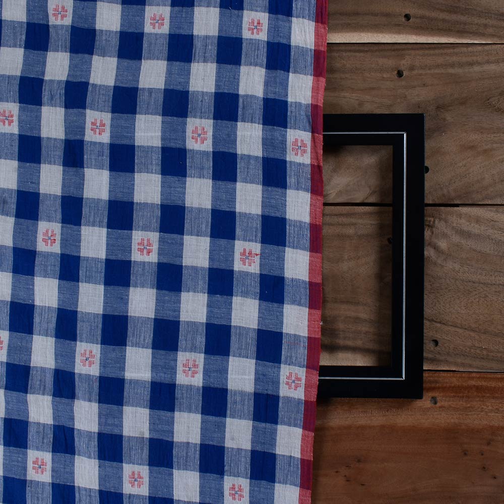 GEOMETRIC CHECK BLUE WHITE JAMDANI PURE COTTON 68 GSM HANDWOVEN FABRIC