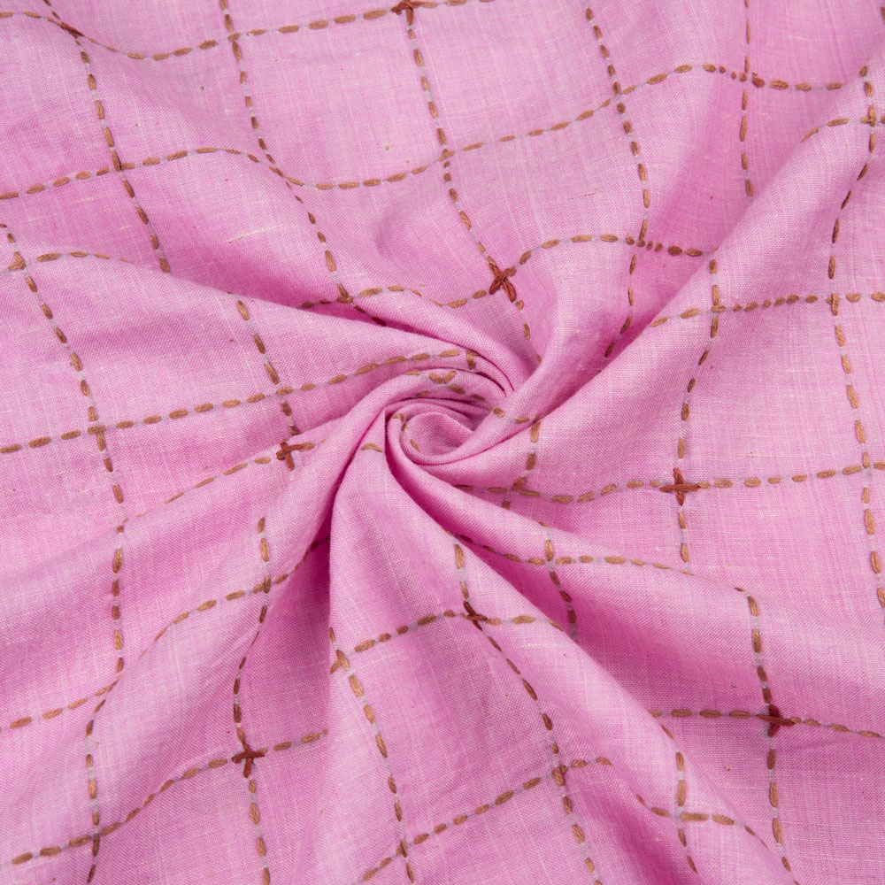Check Pink Kantha Embroidered Khadi Cotton 93 GSM Handwoven Fabric