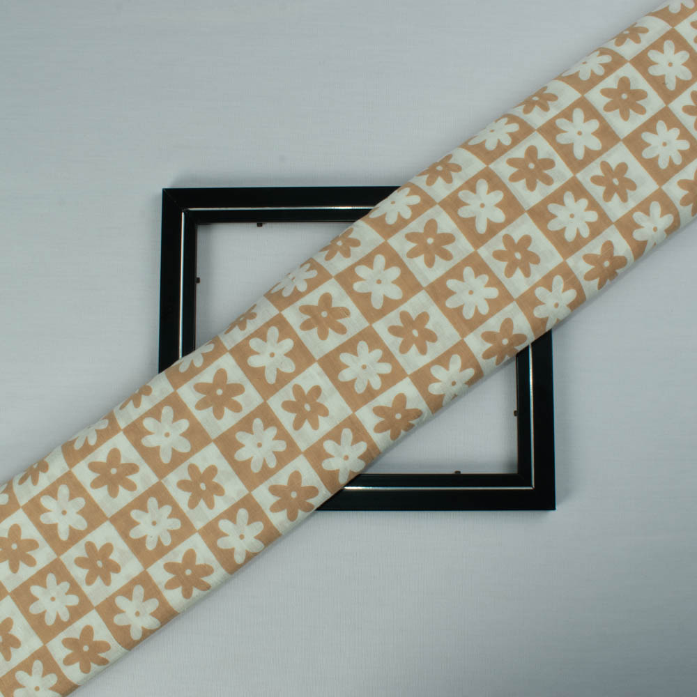 Floral Brown White Screenprinted Pure Khadi 90 GSM Handwoven Fabric