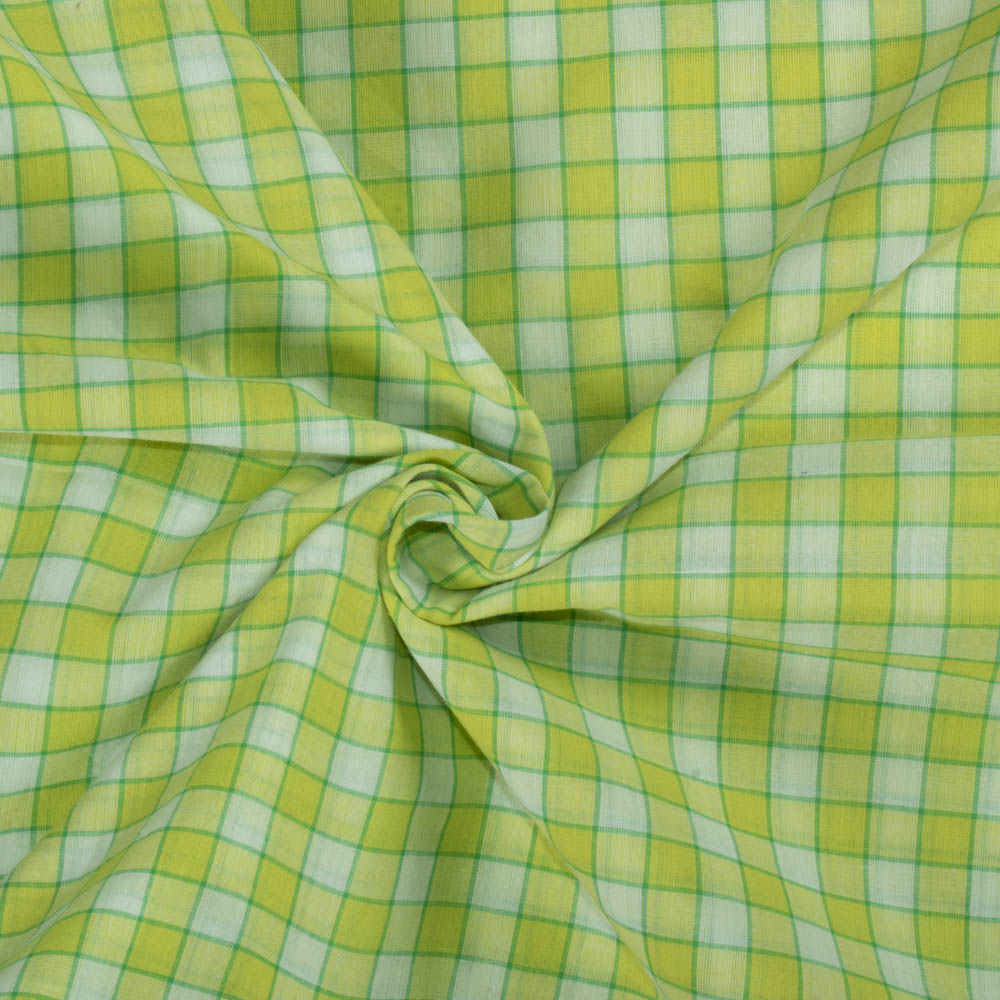 Check Lemon Green White Pure Cotton 60 GSM Handwoven Fabric