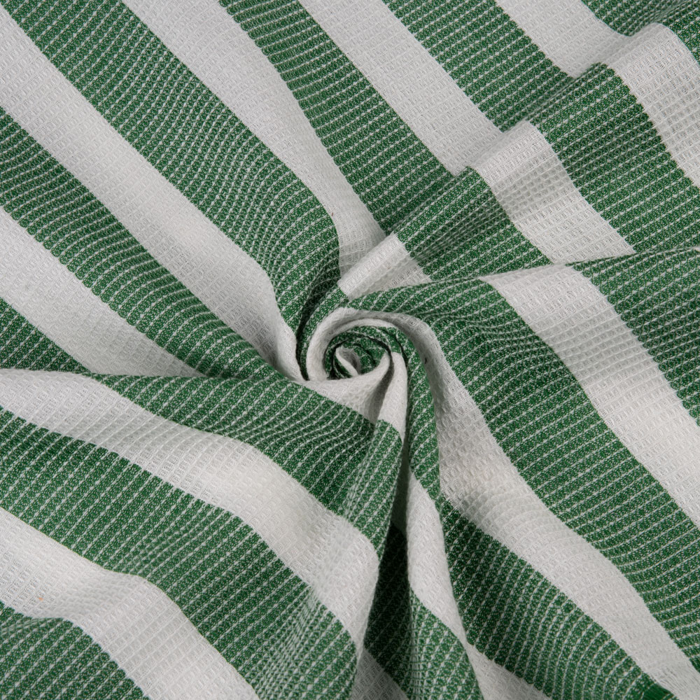 Stripe Green & White Honeycomb Weave Pure Cotton 105 GSM  Fabric
