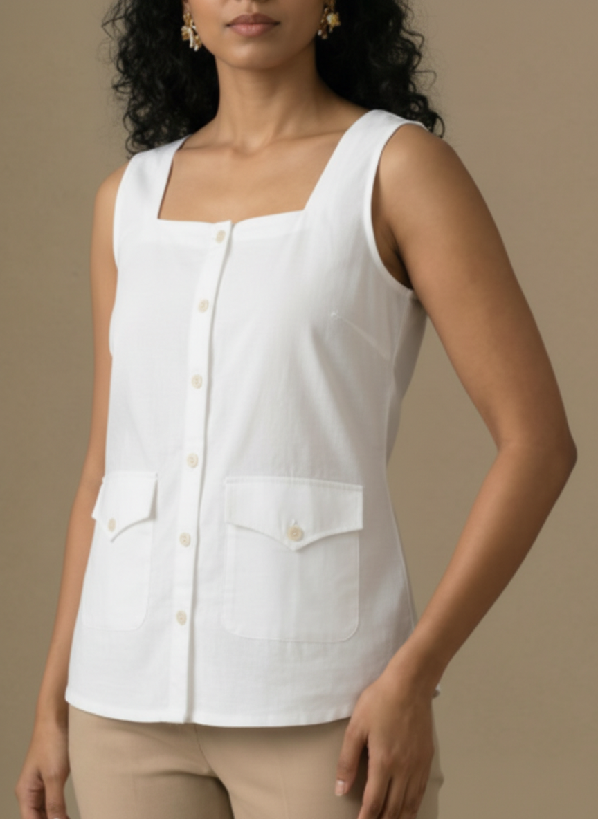 Sleeveless Buttoned Top With Pockets