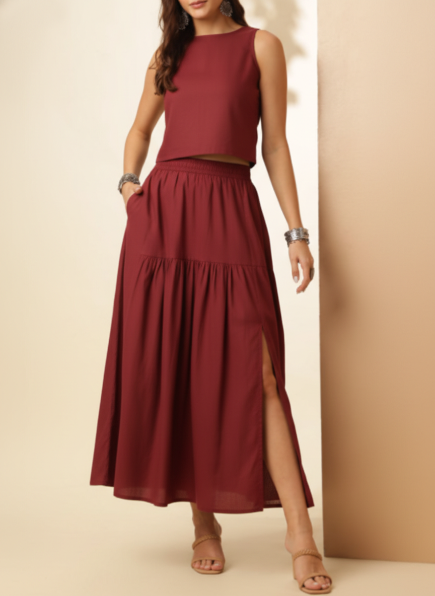 Two Tiers Split Tea Length Skirt Co-ord Set