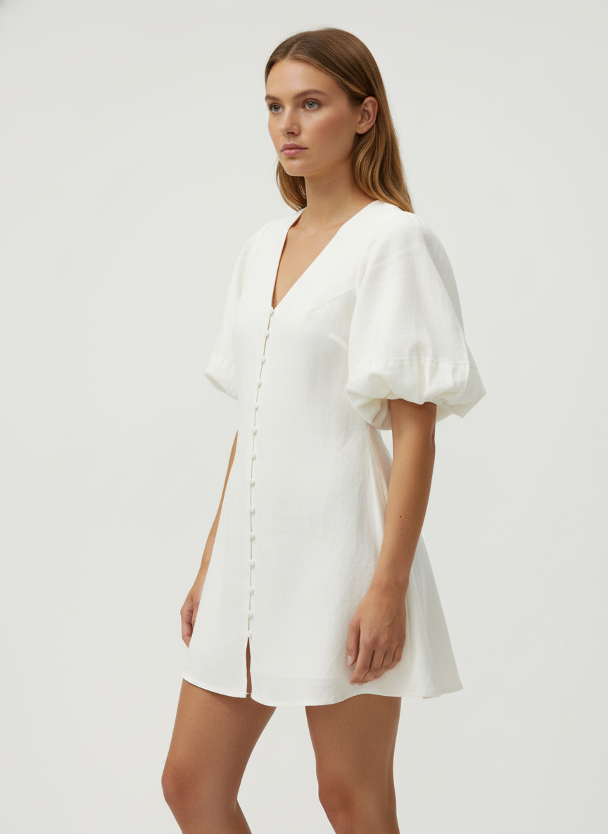 Dreamy Gathered Sleeves Buttoned Dress